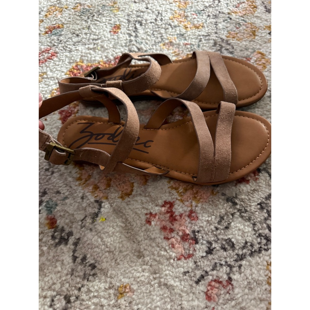 Zodiac Womens Tan Brown Leather Strappy Flat Sandals Ankle‎ Buckle Boho Size 9